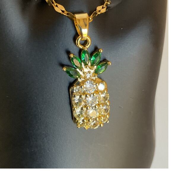 Gold-Plated Pineapple Necklace & Ring Set Sparkling Rhinestones Fashion Jewelry - Picture 3 of 9